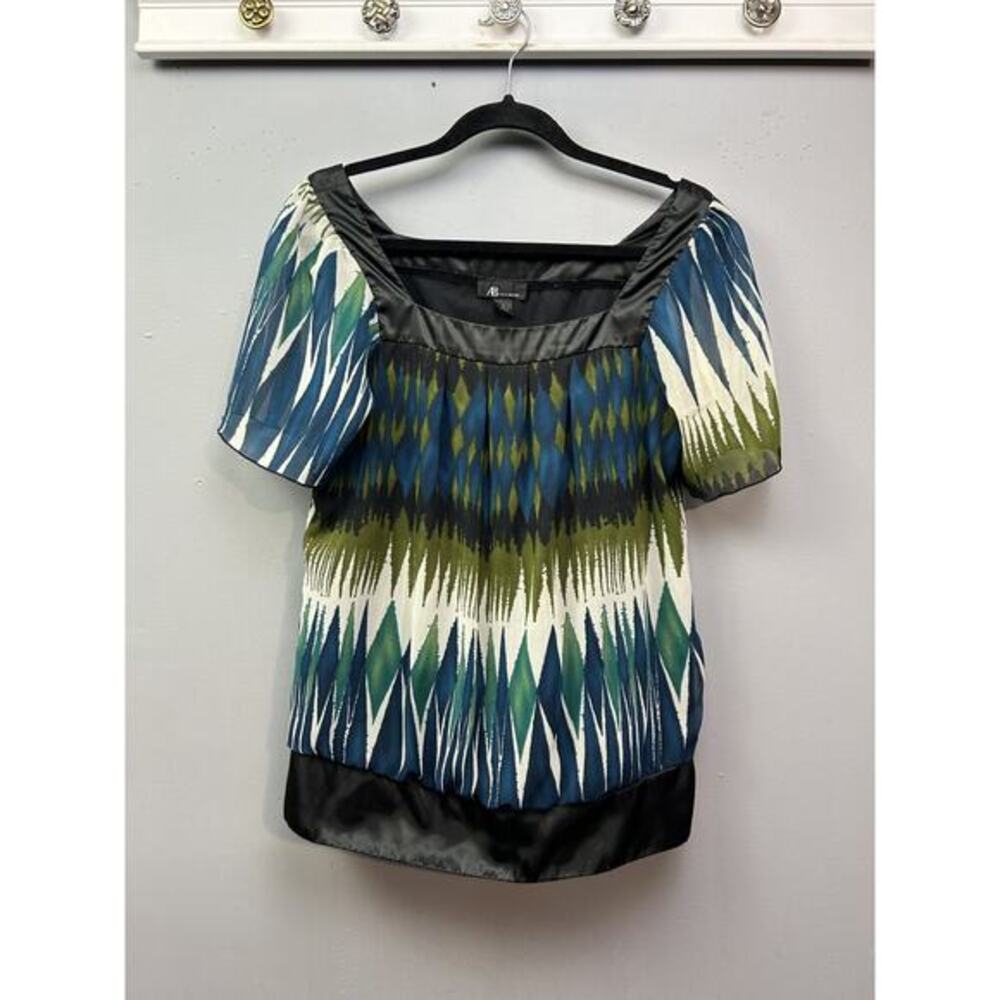 AB Studio Shirt Womens Large Ikat Print Short Sleeve Satin Trim Top